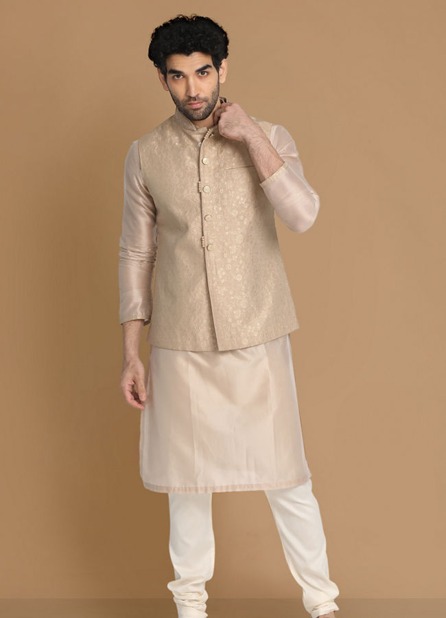 Floral Patterned Cream Kurta Jacket Set image number 1